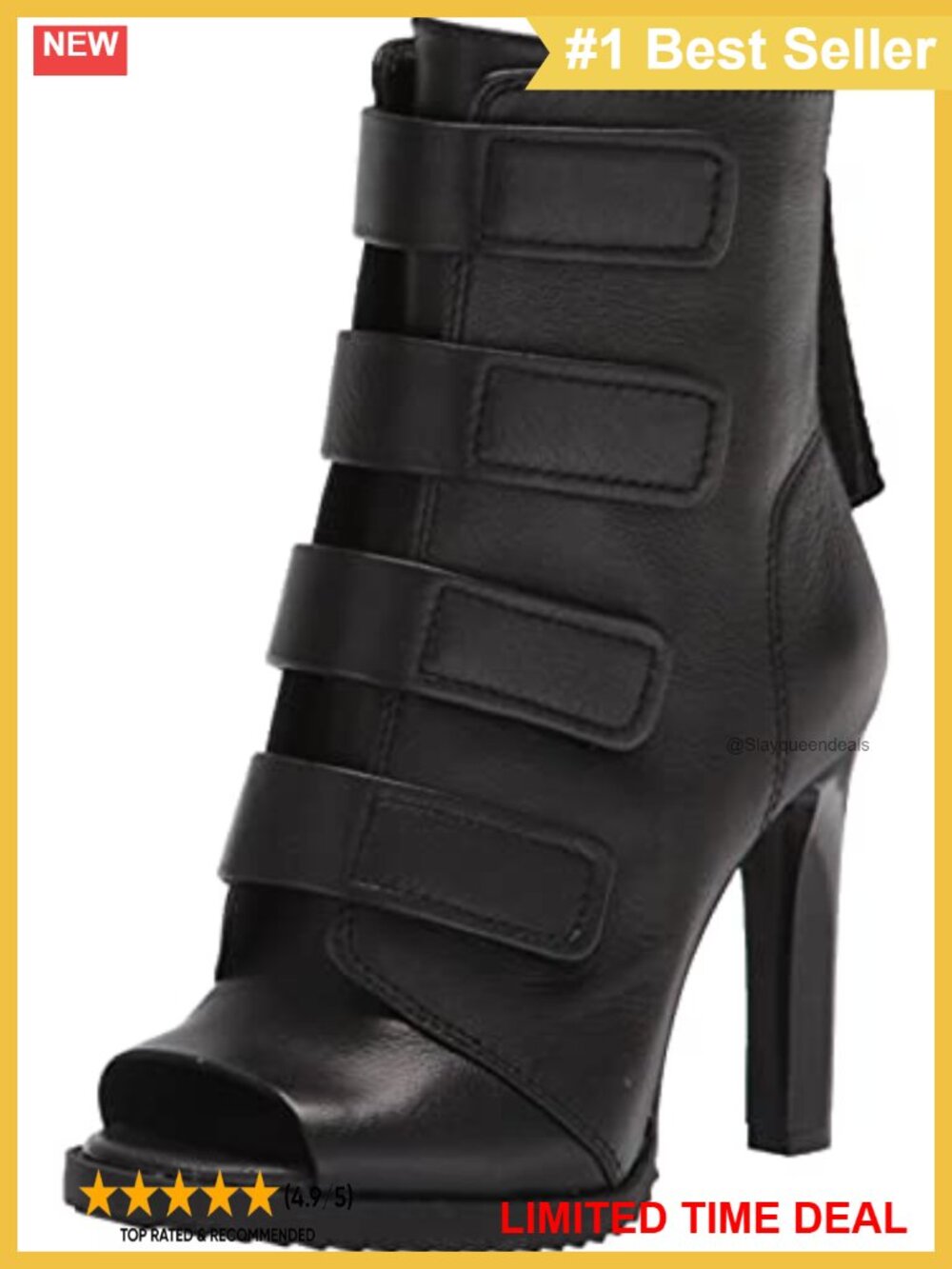 Peep Toe Heeled Ankle Bootie Slip-On Stacked Heel Leather